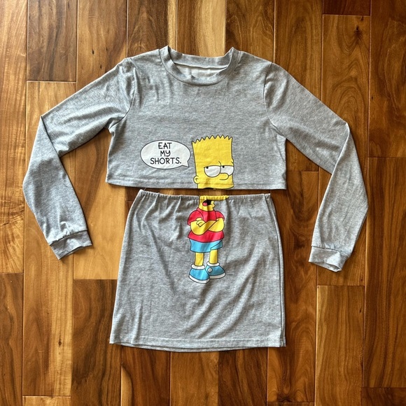 Bart Simpson Long Sleeve Cropped Baby Tee Long Sleeve and Mini Skirt set Large - Picture 3 of 3